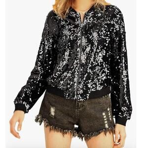 X by Gottex Black Sequin Bomber Jacket with pockets size Large